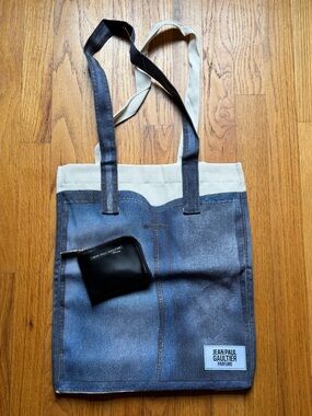 Jean Paul Gaultier Denim and Cream Canvas Tote and card holder